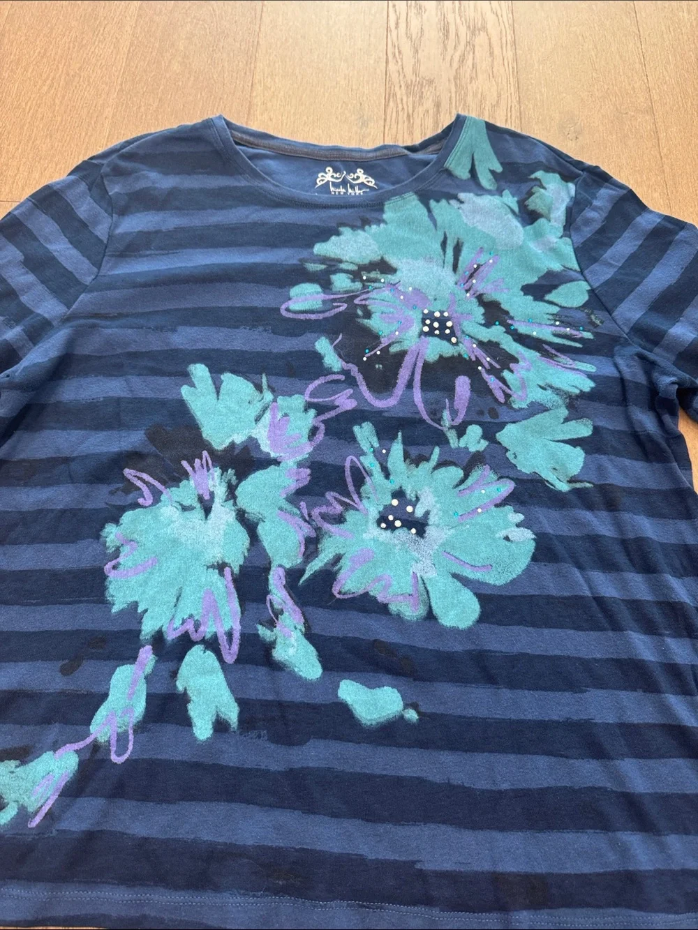 Nicole Miller Knit Cotton Top Blue Stripes Overlaid Embellished Floral Womens 1X